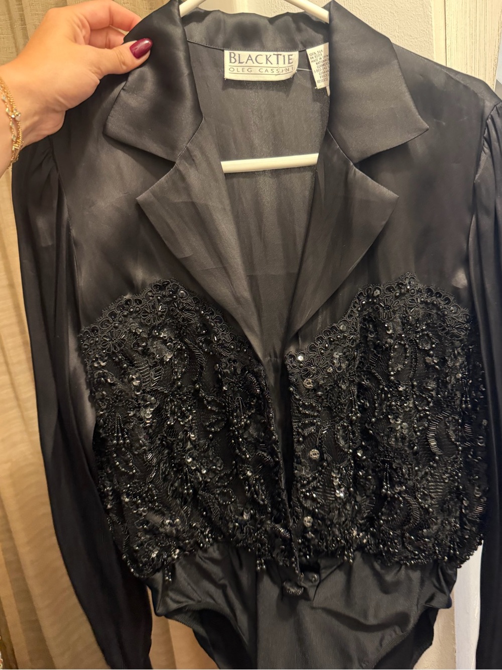Vintage Oleg Cassini Black Beaded Satin Women's Body Suit